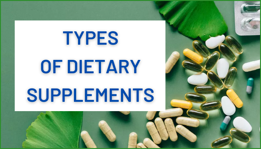 Supplements Types - Tablets, Gels on Green Background